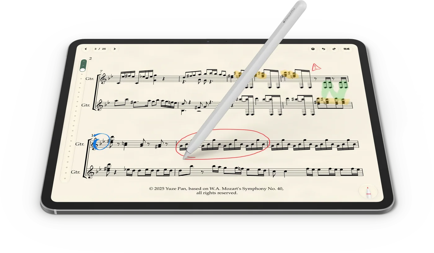 CueFlip on an iPad Pro lying flat, the tip of Apple Pencil Pro on the screen where it has just finished circling a run of sixteenth notes in red. The page, from Mozart’s Symphony No. 40 for two guitars, also carries a blue circle, yellow and green highlighter over chords, and a small red warning sign.