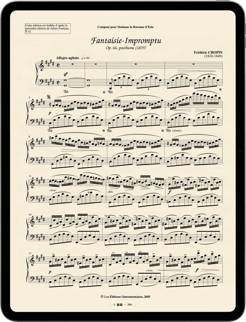 CueFlip on iPad Pro, upright in the dark: the first page of Chopin’s Fantaisie-Impromptu, following the playing automatically.