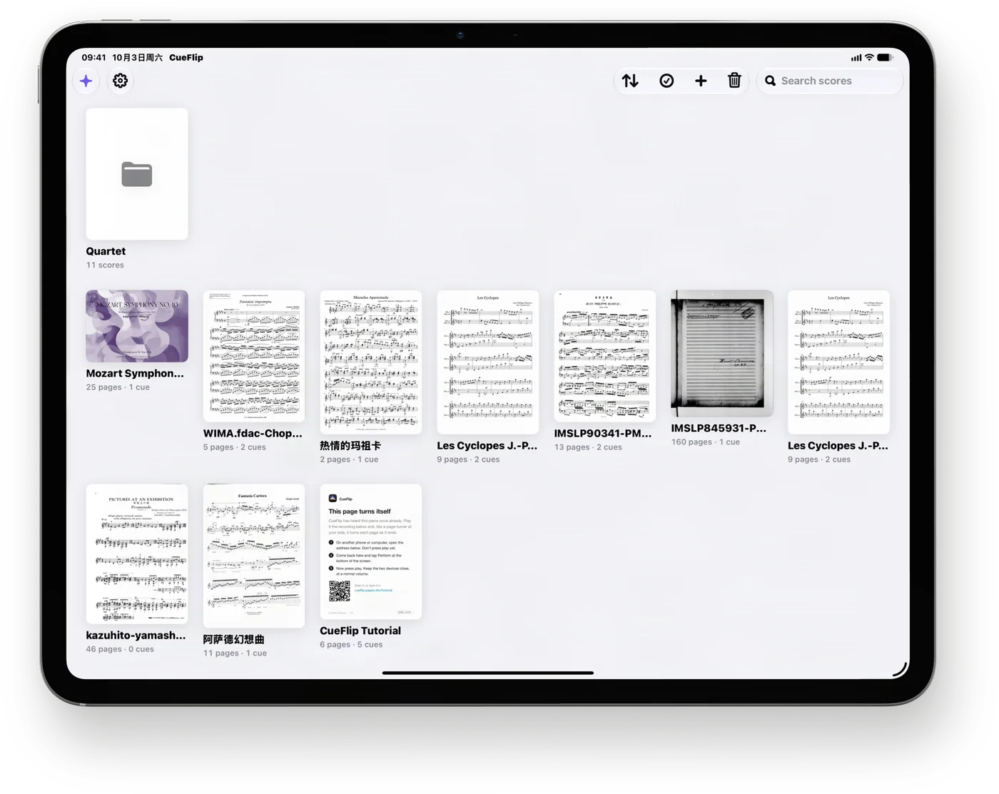 CueFlip’s library on iPad Pro, held landscape: a folder called Quartet with 11 scores in it, and below it the scores themselves, each shown by its first page with its number of pages and cues, Mozart, Chopin, Rameau and Sérgio Assad among them, and the CueFlip tutorial.