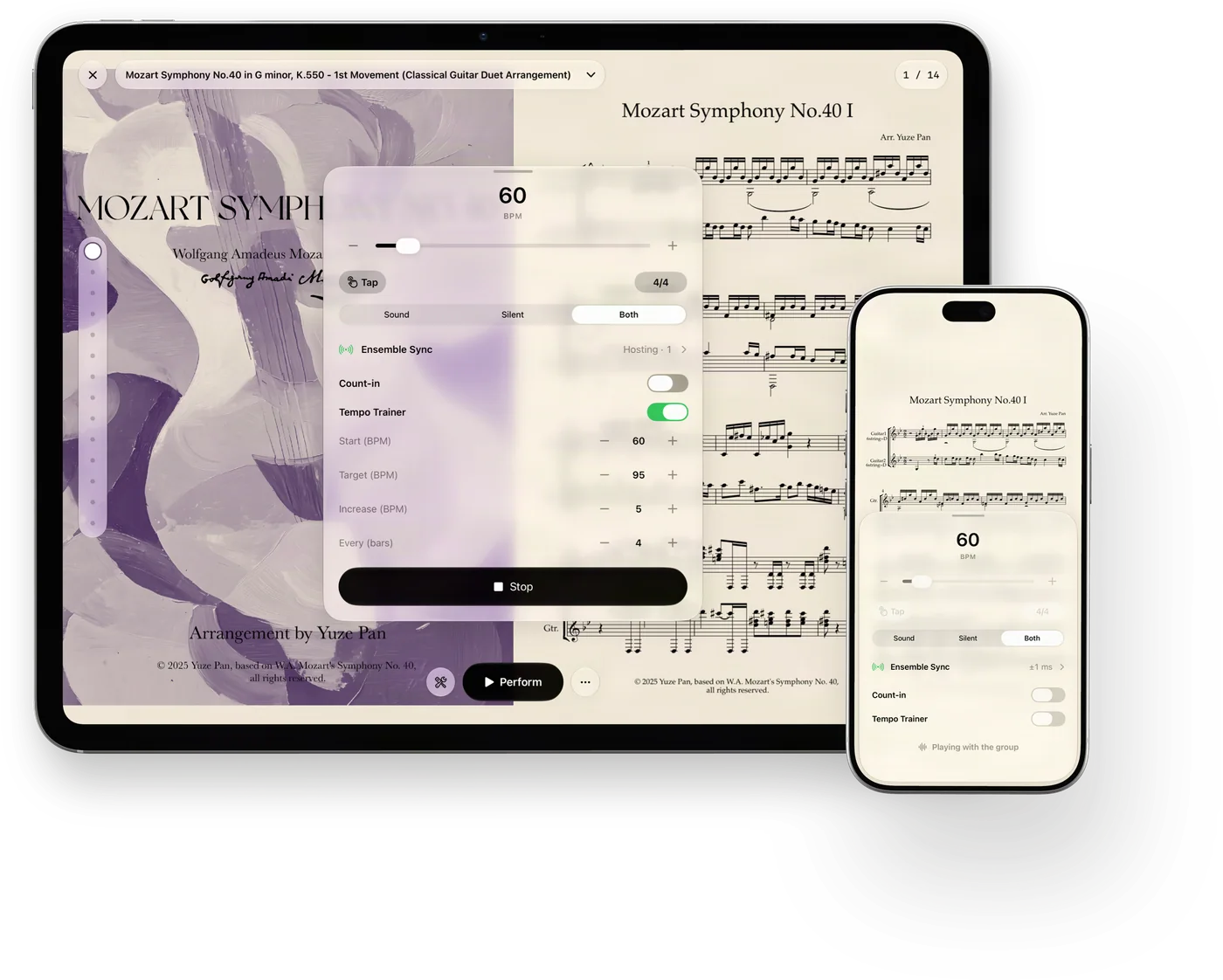 CueFlip on iPad Pro and iPhone together, each with the metronome open over the score at 60 BPM. On the iPad, Tempo Trainer climbs from 60 to 95 BPM, 5 BPM every 4 bars, and Ensemble Sync is hosting one other device; on the iPhone in front, Ensemble Sync reads ±1 ms and the metronome is playing with the group.