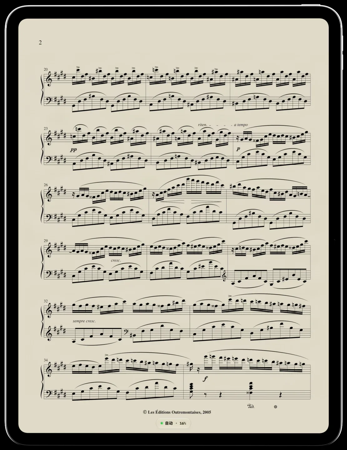 CueFlip on iPad Pro, held upright: the iPad comes forward out of the dark and turns to face you, and the first page of Chopin’s Fantaisie-Impromptu turns to the second by itself.