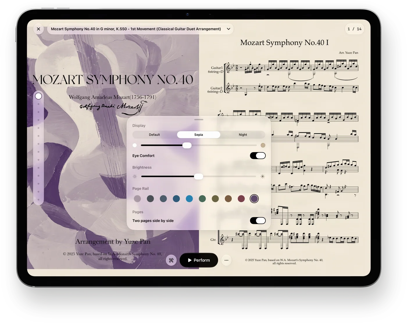 CueFlip on iPad Pro, held landscape, with two pages side by side in Sepia: the cover of Mozart’s Symphony No. 40 for two guitars and its first page of music. In front, the Display panel: Sepia chosen over Default and Night, Eye Comfort on, then Brightness and the colours for the Page Rail.