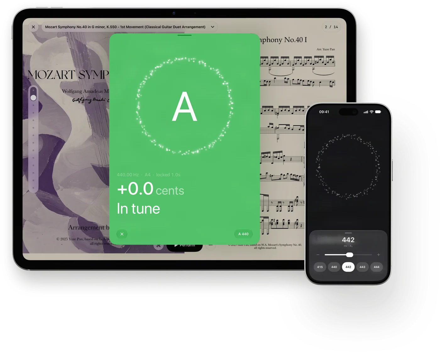 CueFlip’s tuner on iPad Pro and iPhone together. On the iPad, over the score, the tuner has turned green: A, 440.00 Hz, +0.0 cents, In tune. On the iPhone in front, dark, the reference pitch is being set to 442 Hz, beside presets of 415, 440, 443 and 444.