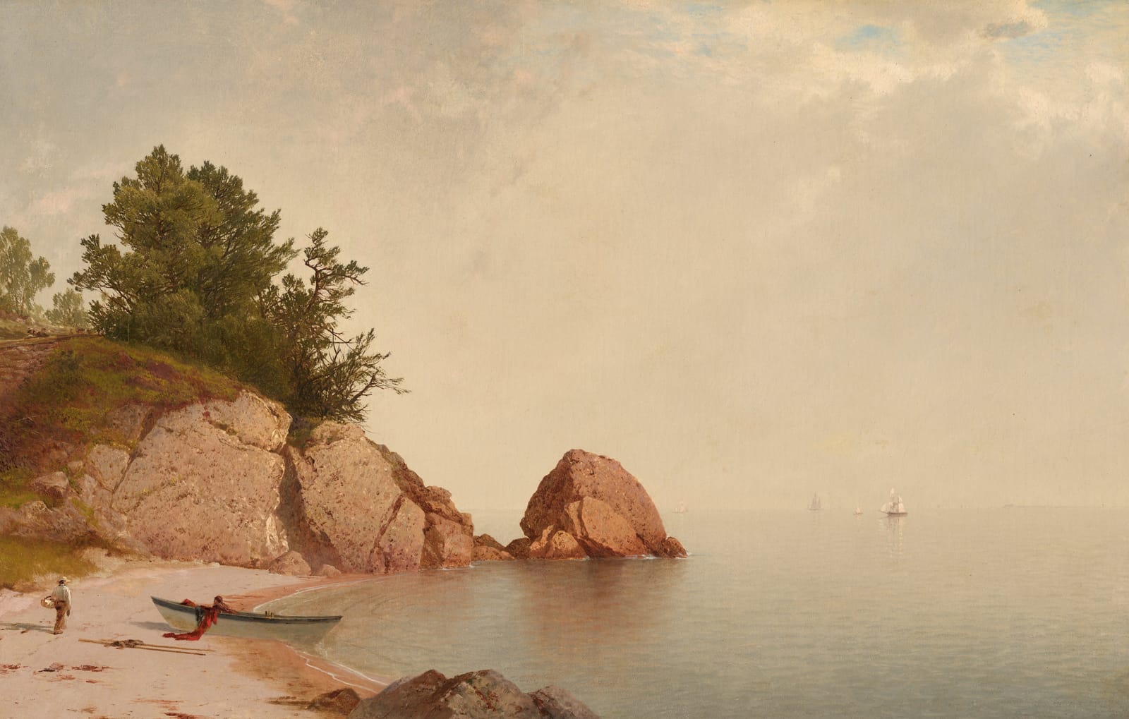 A calm sea under a pale, hazy sky. On the left, warm sandstone rocks and a leaning tree; a rowing boat rests on the beach.